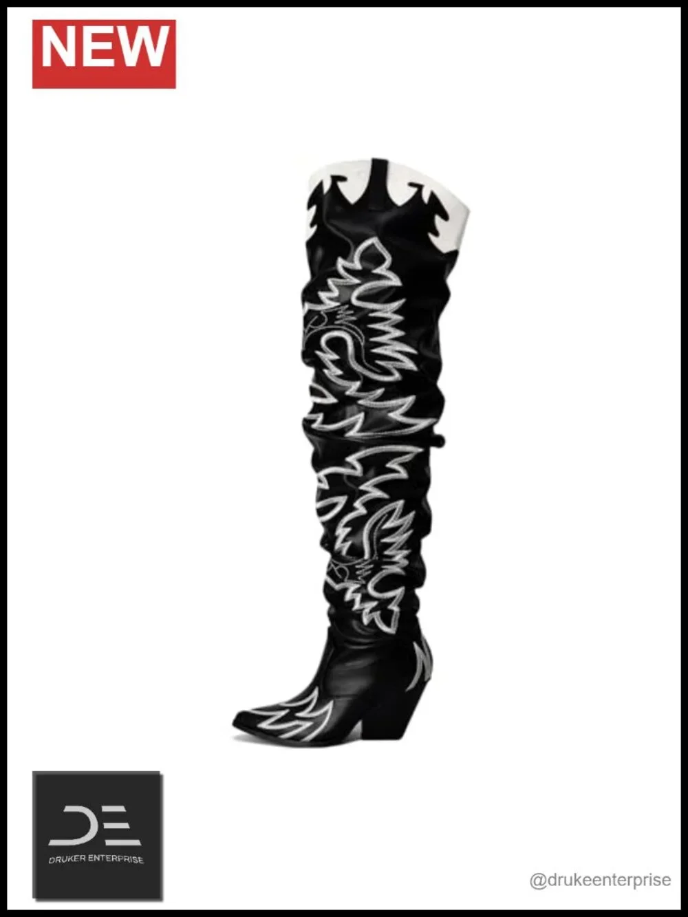 Faux Leather Slouchy Thigh High Chunky Heel Western Cowboy Boots